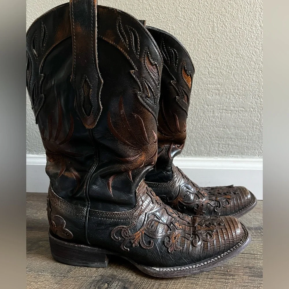 Corral Boots Cognac‎ Teju Lizard Cross Overlay Square Toe Cowgirl C2680 size 8.5 - Picture 3 of 16